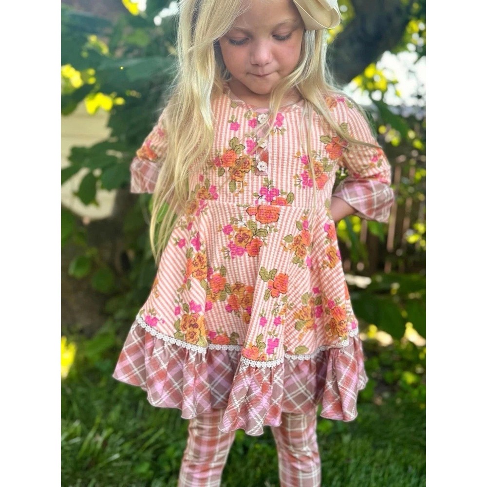 Finding Foxtale Girls 98% Cotton Dress Size 6 Floral Ruffle Striped